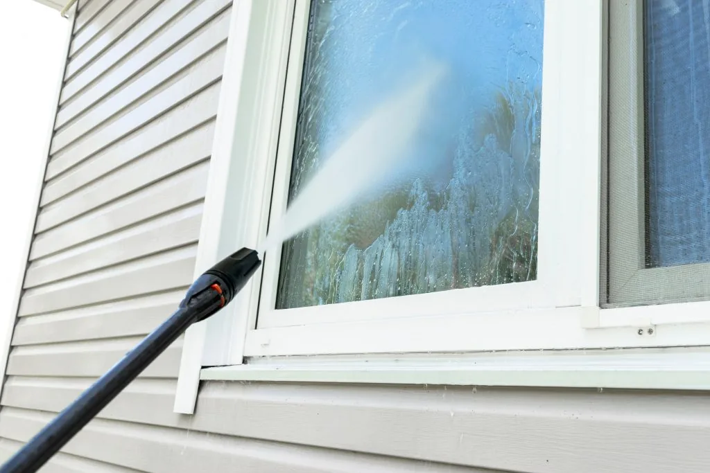 Exterior glass being rinsed with filtered water