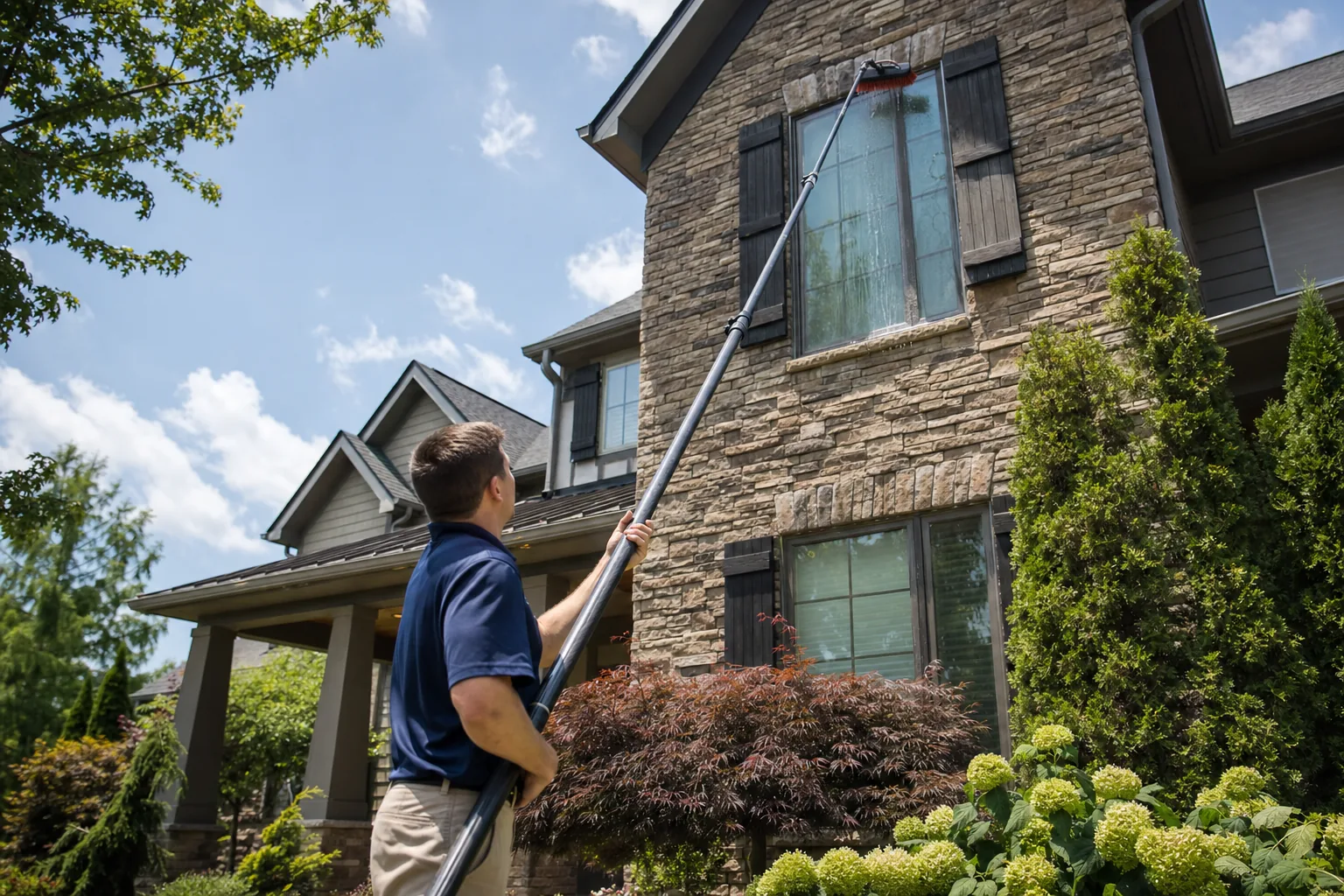 Water-fed pole reaching second-story windows on a Murfreesboro home